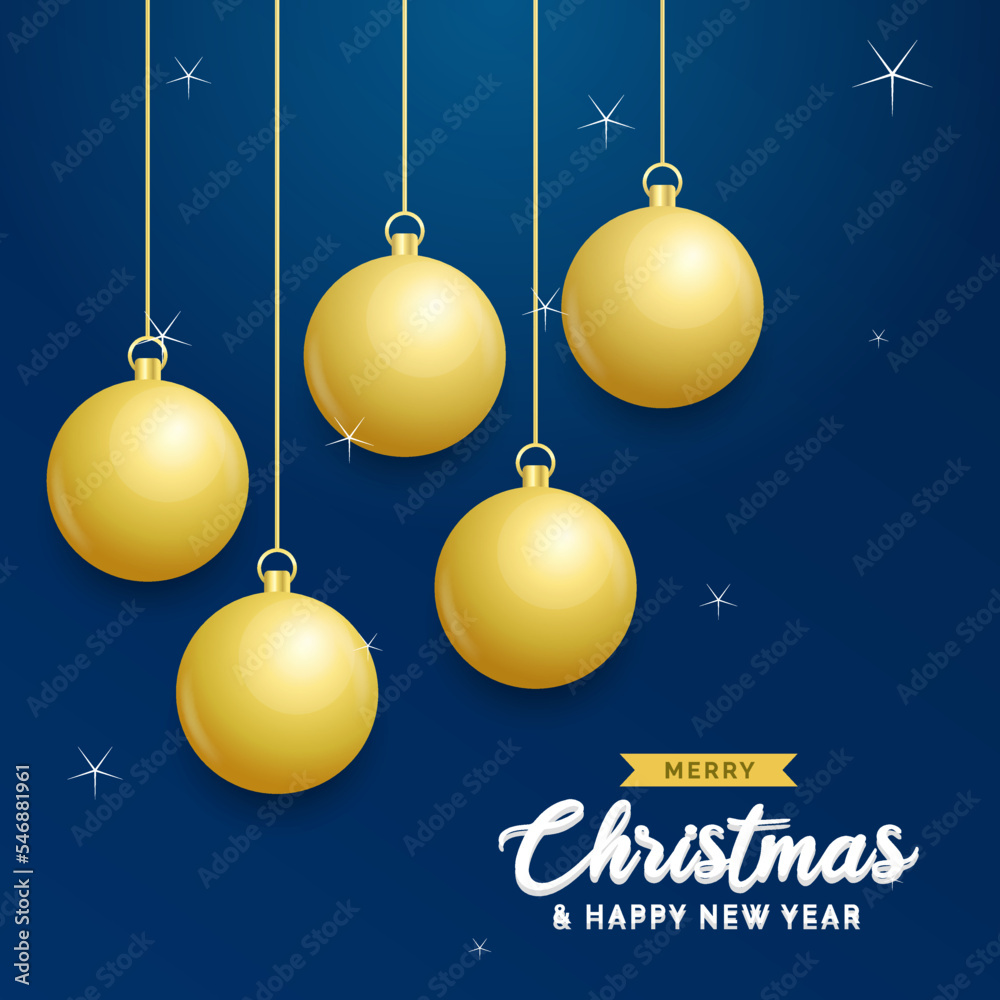 Christmas blue background with hanging shining golden balls. Merry christmas greeting card. Holiday Xmas and New Year poster. web banner. Vector Illustration.