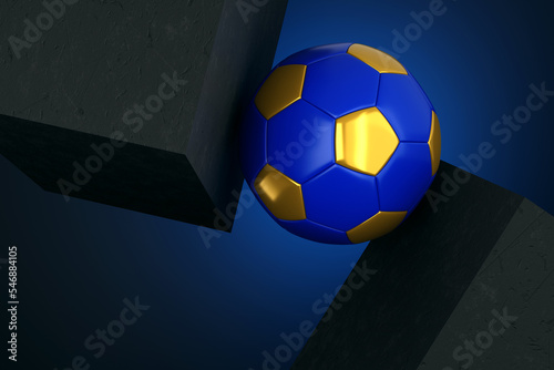 Golden and Blue Football Soccer Ball between 2 Solid Concrete Blocks - 3D Illustration
