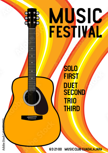 Classic, acoustics guitar, orange lines flow, festival poster, media banner with the words Music festival. Vector illustration digital design.