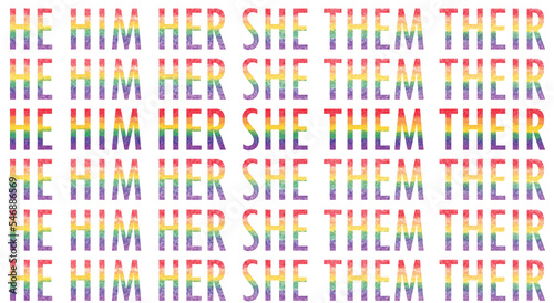 Seamless pattern background with gender pronouns. He Him Her She They Them word text. water colour effect. Full frame