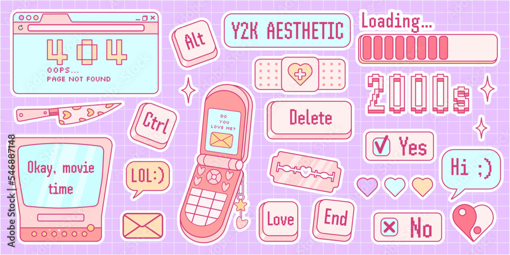 Cute sticker pack in trendy retro y2k style. Kawaii elements set. Glamour 2000s. Nostalgia for 1990s -2000s.