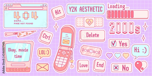 Cute sticker pack in trendy retro y2k style. Kawaii elements set. Glamour 2000s. Nostalgia for 1990s -2000s.