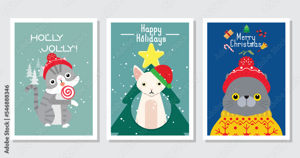 Fototapeta premium Collection of Christmas cats, Merry Christmas illustrations of cute cats greeting cards with accessories like a knitted hats, sweaters, scarfs.