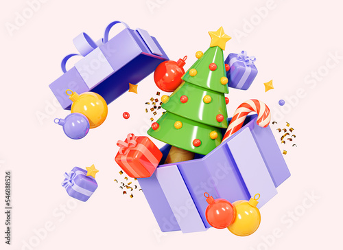 3D Merry Christmas poster with open gift box. Happy New Year banner with Christmas tree and festive decoration. Xmas composition flayer. Cartoon creative design isolated on background. 3D Rendering