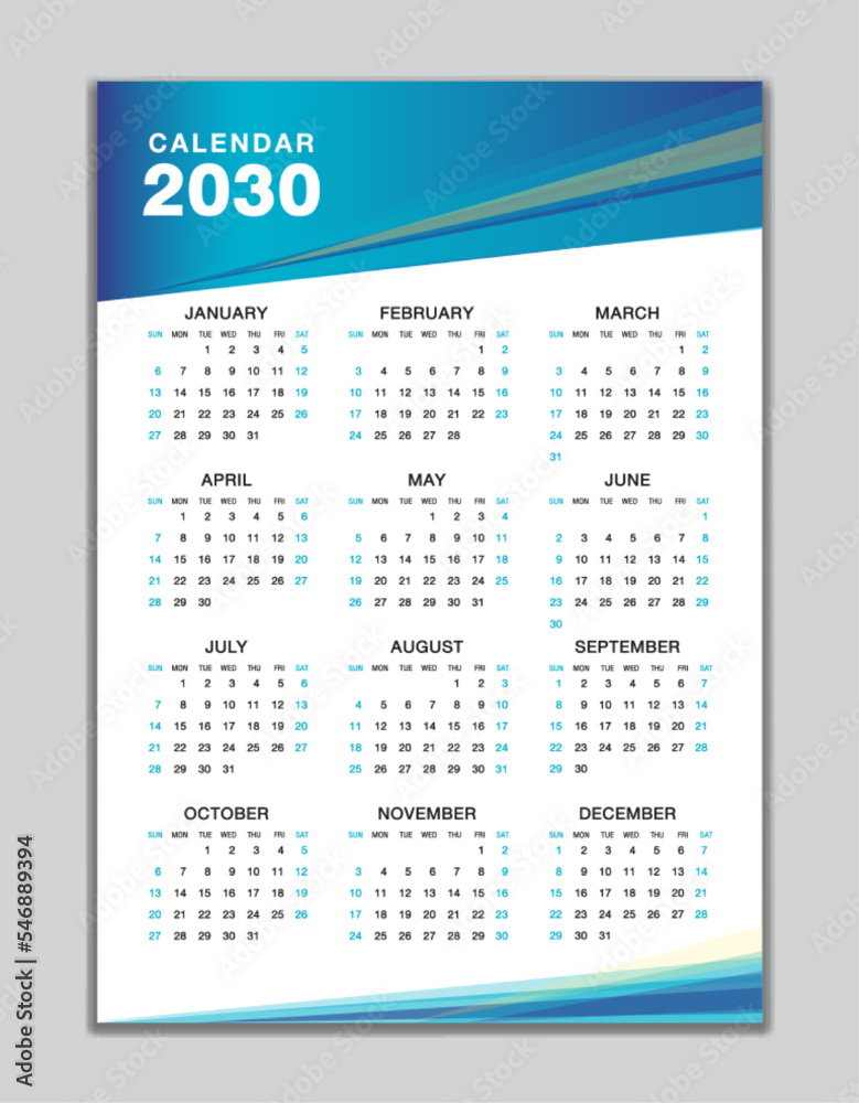 Wall calendar 2030 template, desk calendar 2030 design, Week start Sunday, business flyer, Set of 12 Months, Week starts Sunday, organizer, planner, printing media, calendar design blue background Wall calendar 2030 template, desk calendar 2030 design, Week start Sunday, business flyer, Set of 12 Months, Week starts Sunday, organizer, planner, printing media, calendar design blue background