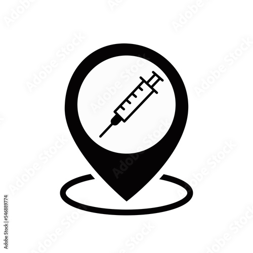 Syringe and location icon. Vaccination sign. The location of the hospital. Vector icon.