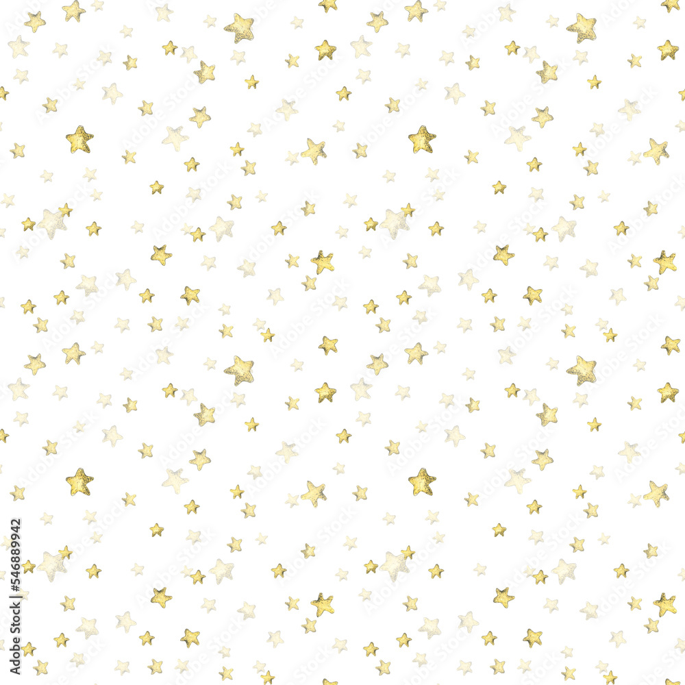 Yellow stars on the white background. Watercolor illustration. Seamless pattern from the MAGIC OWLS collection. For decoration, fabric design. textiles, wallpaper, packaging paper