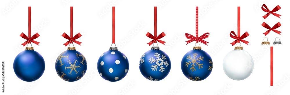 A collection of blue Christmas baubles hanging from red ribbon and bow with snowflake glitter patterns on them isolated against a transparent background.