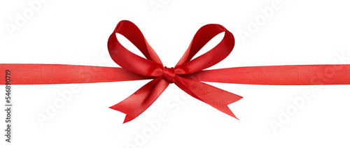 A large red ribbon bow in the centre of a straight piece of ribbon to be used as a birthday or Christmas banner, border isolated against a transparent background