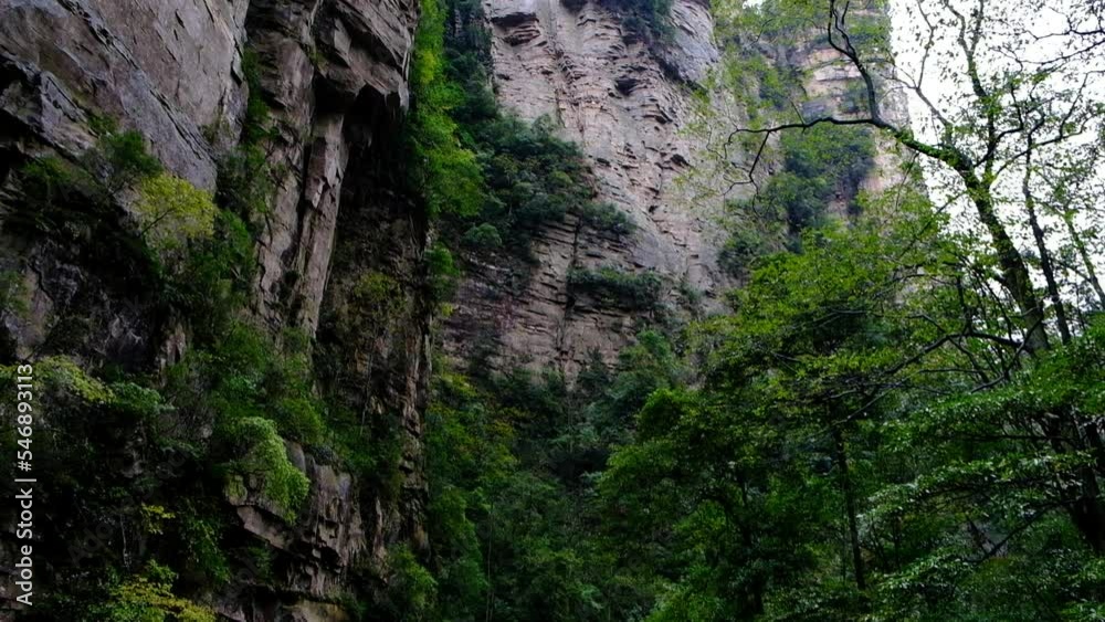 A handheld video clip, tilting down movement from a karstic rock formation, down to the river basin at Zhangjiajie National park and forest, China. A handheld video clip, tilting down movement from a karstic rock formation, down to the river basin at Zhangjiajie National park and forest, China.