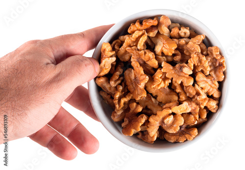 Hand holding bowl with nuts and transparent background png