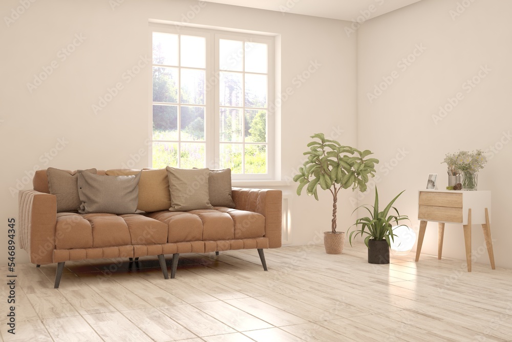 Fototapeta premium White living room with sofa and summer landscape in window. Scandinavian interior design. 3D illustration