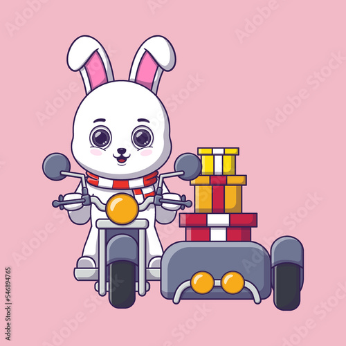 cute rabbit carrying gifts box on motorcycle with sidecar