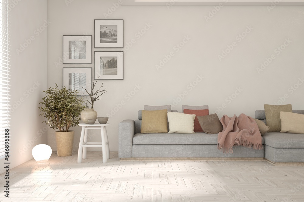 White living room with sofa. Scandinavian interior design. 3D illustration White living room with sofa. Scandinavian interior design. 3D illustration