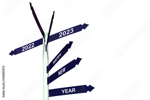 Happy new year 2023 on direction signs, holiday greetings,transparent background photo