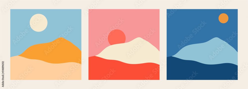 Abstract mountains. Aesthetic minimalist landscape with desert, mountains, sun and moon. Flat cartoon style, vector poster set. Mountain landscape illustration, travel minimal art scene.