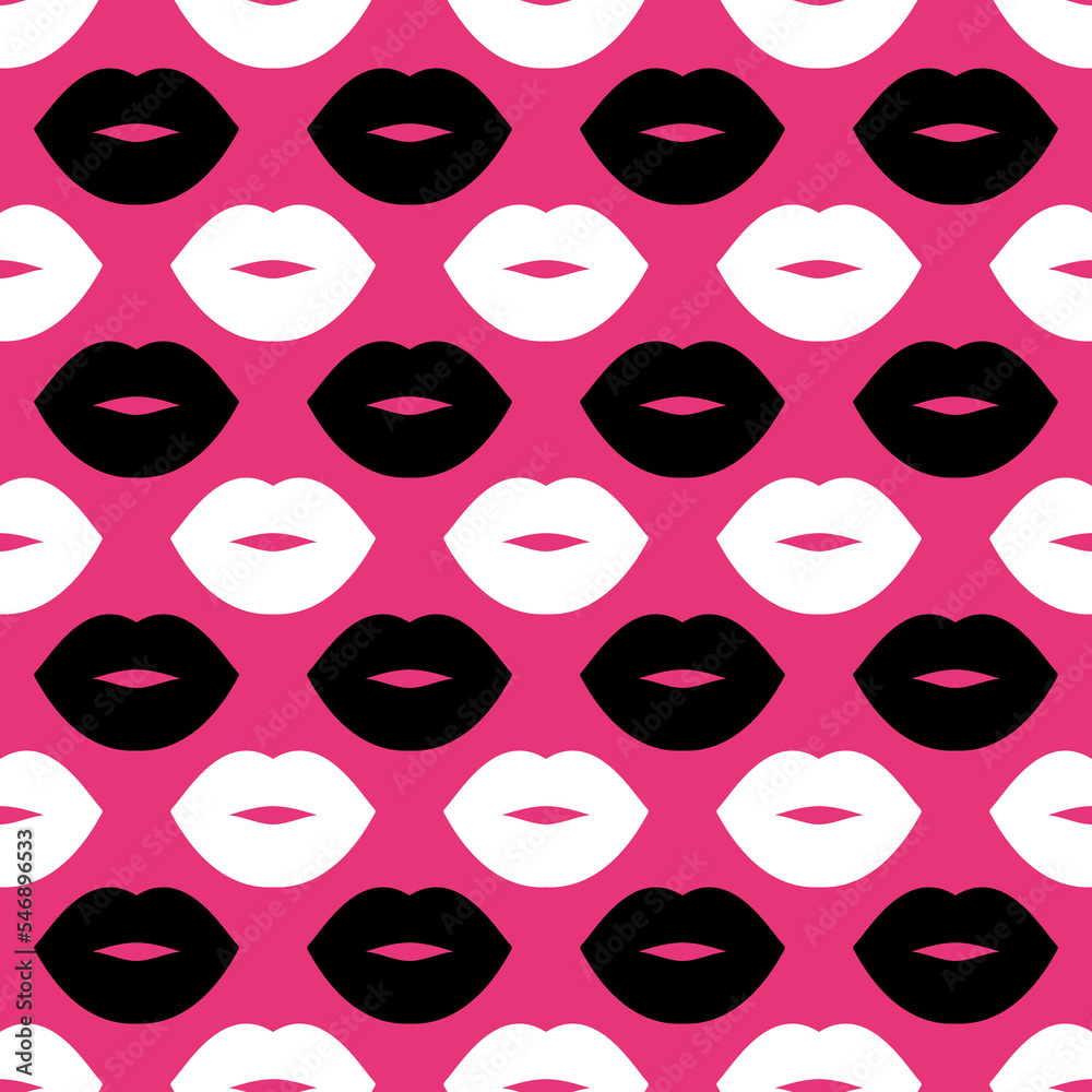 Lips. Seamless vector pattern with white and black lips on a bright pink background. Fashion pop art background. For trendy modern original designs, prints, textiles, fabrics, wallpapers, packages.