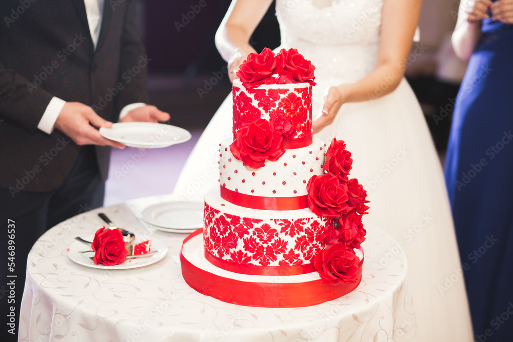 Bride and groom at wedding cutting the wedding cake Bride and groom at wedding cutting the wedding cake