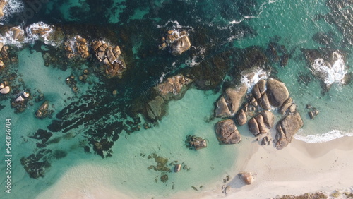 Aerial picture. Forest, sand and rocks at the beach. Top down drone photography. Wild and beautiful place to visit in Western Australia. Two peoples bay nature reserve in Albany. National park.
