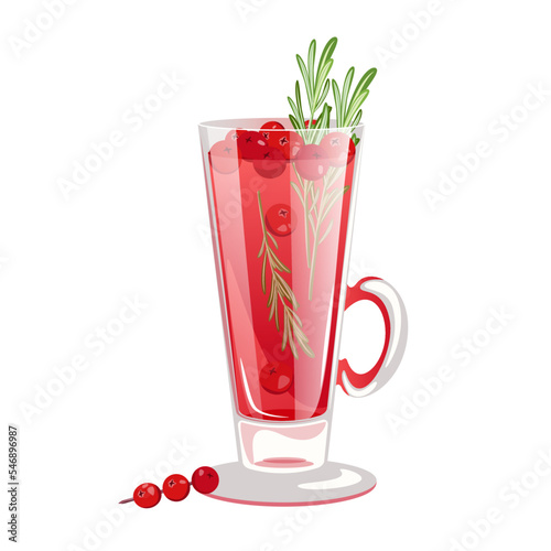Cranberry punch.Winter, Christmas drink in a glass, with cranberries and rosemary.
