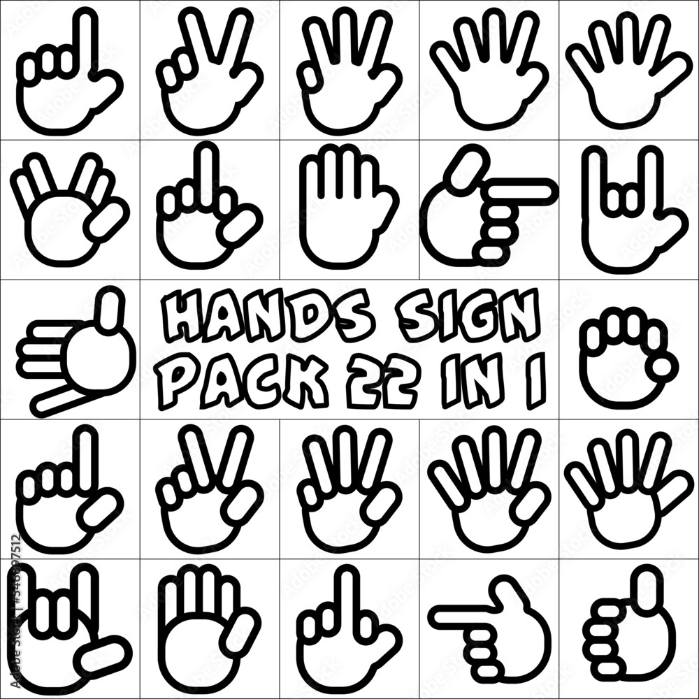 Hands sign vector pack. 22 in 1. Hand icon image. minimalist illustration.  Signs are given by hands