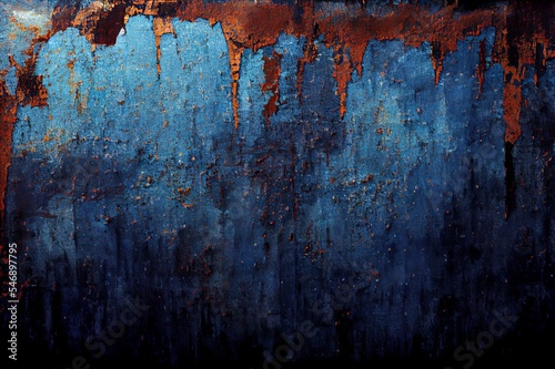 Blue rusted metal backround, distressed grunge background. Old metallic iron panel.