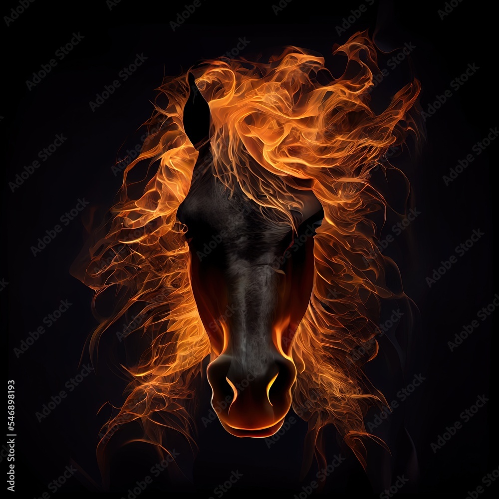Fire horse on black background. Isolated horse portrait made of fire Stock Illustration Adobe