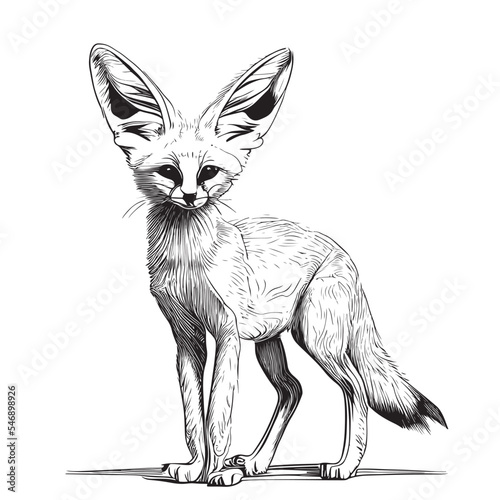 Fennec fox standing sketch abstract hand drawn engraving style Vector illustration. photo