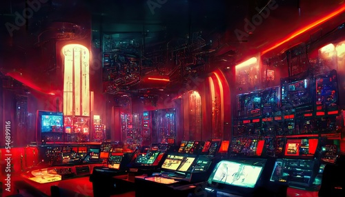 Interior of spaceship control center room  science fiction scene  blue-green and red colors 