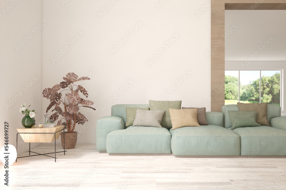 Naklejka premium White living room with sofa. Scandinavian interior design. 3D illustration