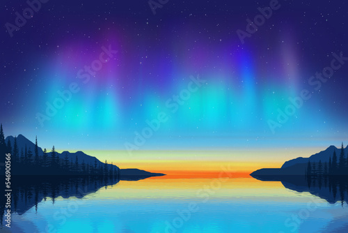 Aurora borealis reflected in water, winter holiday illustration, northern nature