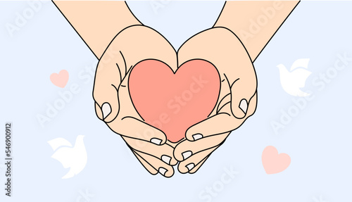 Two hands hold heart. Concept of love, charity, care, cardiology. Vector illustration in hand drawn style
