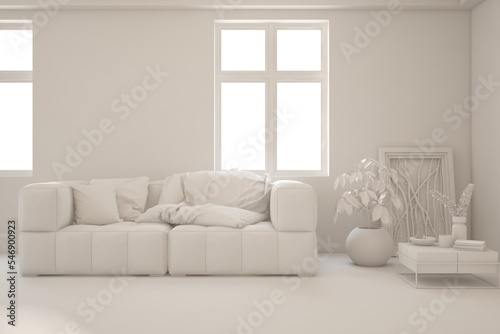 White minimalist living room with sofa. Scandinavian interior design. 3D illustration