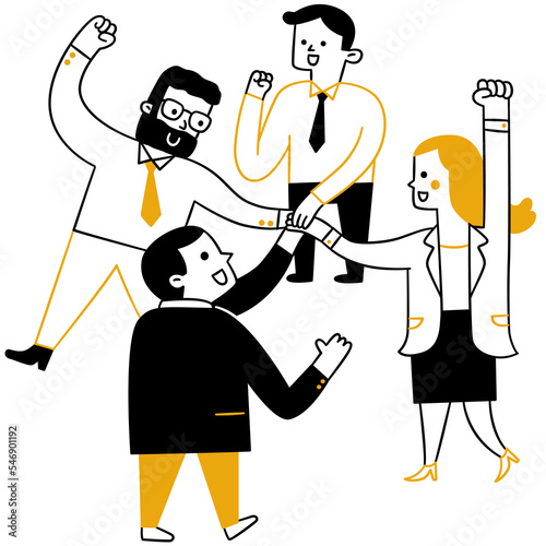 Cute character illustration of businessman and businesswoman, team work, joining hands together with cheerful emotion. Outline, linear, thin line art, hand drawn sketch design, simple style.