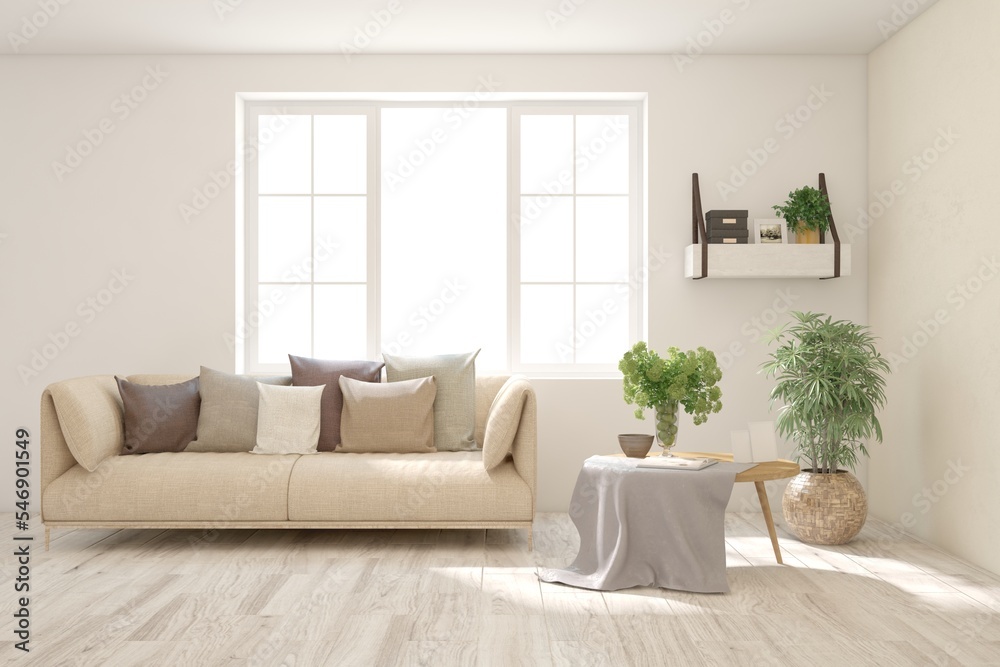 White living room with sofa. Scandinavian interior design. 3D illustration White living room with sofa. Scandinavian interior design. 3D illustration