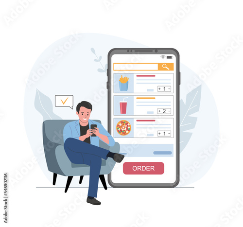 A white men in a home chair orders food through an application on a smartphone. Vector illustration.