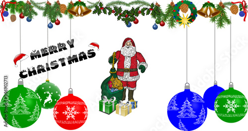 Merry Christmas avec boules décorées, Père Noël, cadeaux, bannière de branches de sapins, étoiles, cloches et cône de pin