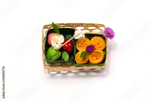 Traditional Thai snacks on banana leaves in woven bamboo baskets natural container It's a blessing for those who eat.