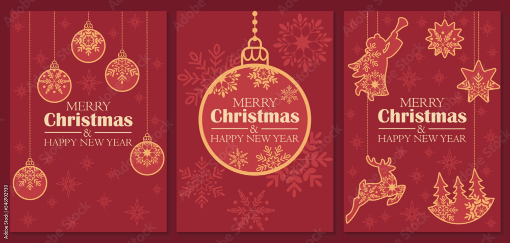 Merry Christmas and Happy New Year set red vertical cards. Universal templates with Christmas tree, snowflakes, stars, balls, angel, deer