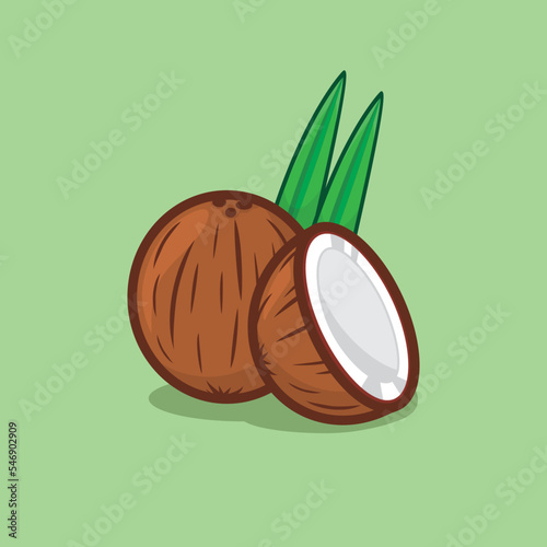 whole and half fresh coconut with pandan leaves.cartoon concept and flat design, vector illustration.suitable as icon, product design, etc