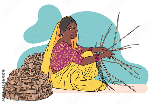 indian Women weaving traditional baskets, making hand made bamboo baskets, working indian women