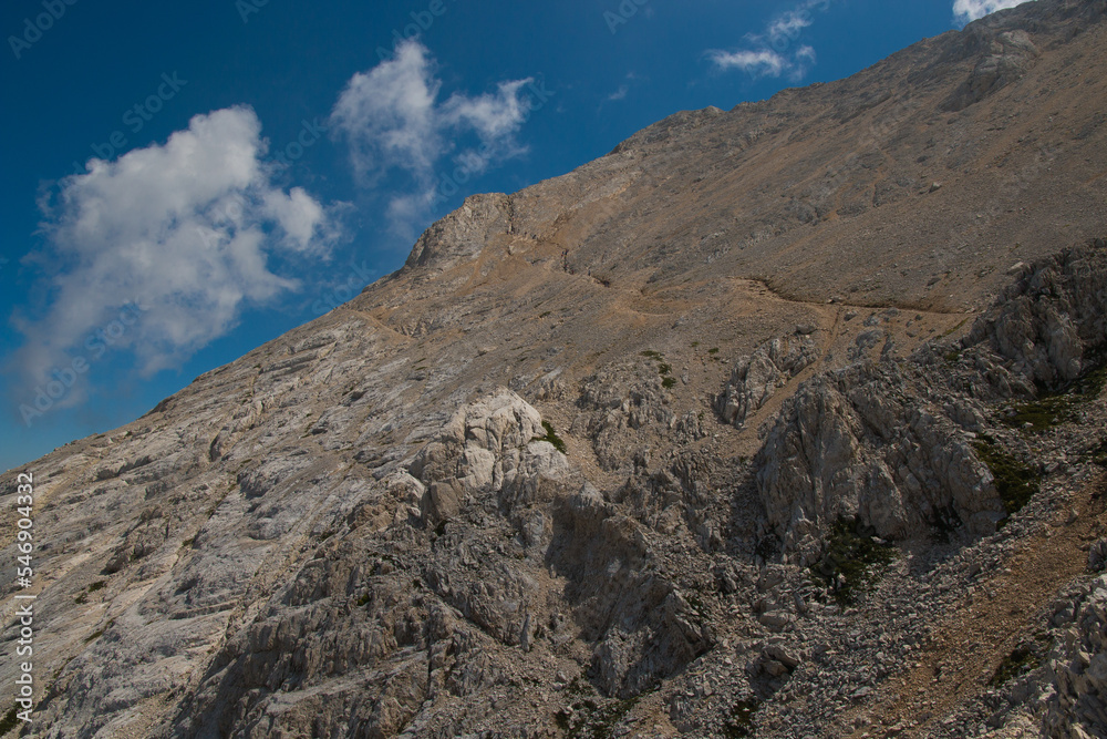 Panoramic view of extreme pathway to the pieak of Vetta Occidentale of Corno Grande in the Gran Sasso massif Abruzzo Italy