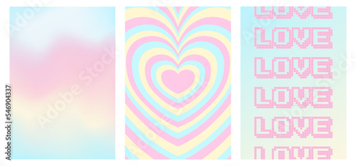 set of y2k style posters, 1990s 2000s nostalgia, heart, gradient background, trendy glamorous vector illustration, pastel candy colors