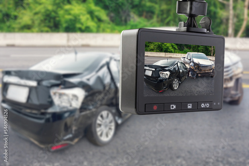 Car CCTV camera video recorder with car crash accident on the road photo