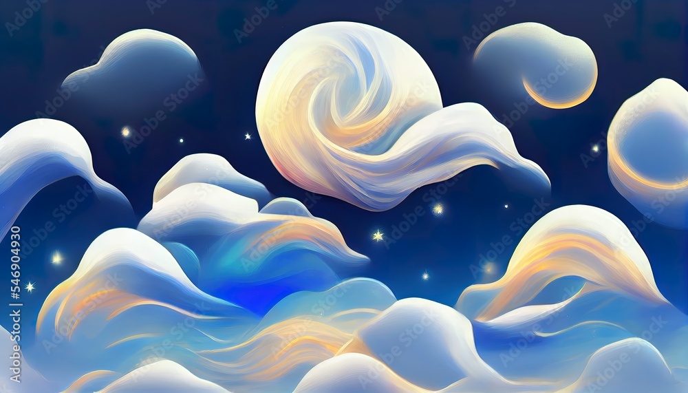 Obraz premium Illustration of a dreamy fantasy blue night sky with stars and clouds. Dreamy backdrop. Great to use as a wallpaper or for your art projects.