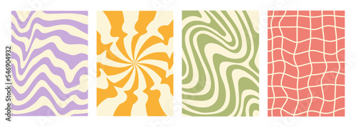 Retro groovy set waves, swirl and checkered distorted backgrounds. Trendy vector texture in retro vintage style. Pastel colors