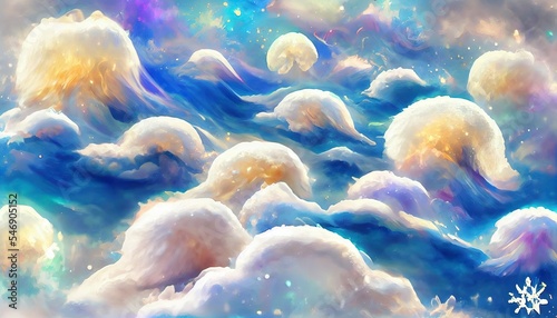 Illustration of a dreamy fantasy blue night sky with stars and clouds. Dreamy backdrop. Great to use as a wallpaper or for your art projects.