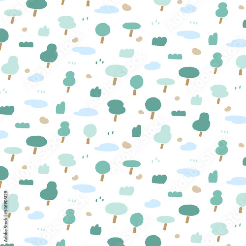Hand drawn vector illustration of forest pattern in minimal cartoon style. Tree doodle wallpaper for kids textile, fabric, wrapping paper, printed products. Cute simple.