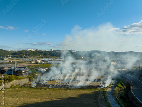 Smoke rises from controlled burn on rice field after autumn harvest