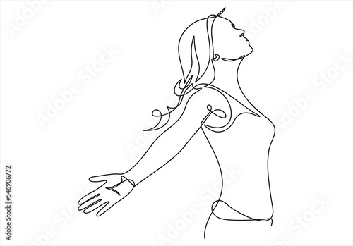 Continuous line art or One Line Drawing of a woman stretching arms is relaxing picture